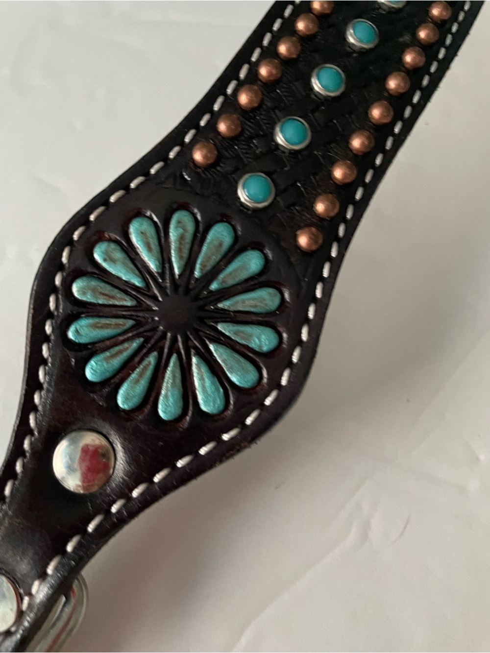 Leather turquoise studded dog collar 20” M